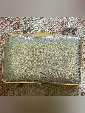 J. McLaughlin Silver Metallic Textured Box Clutch with Gold Trim